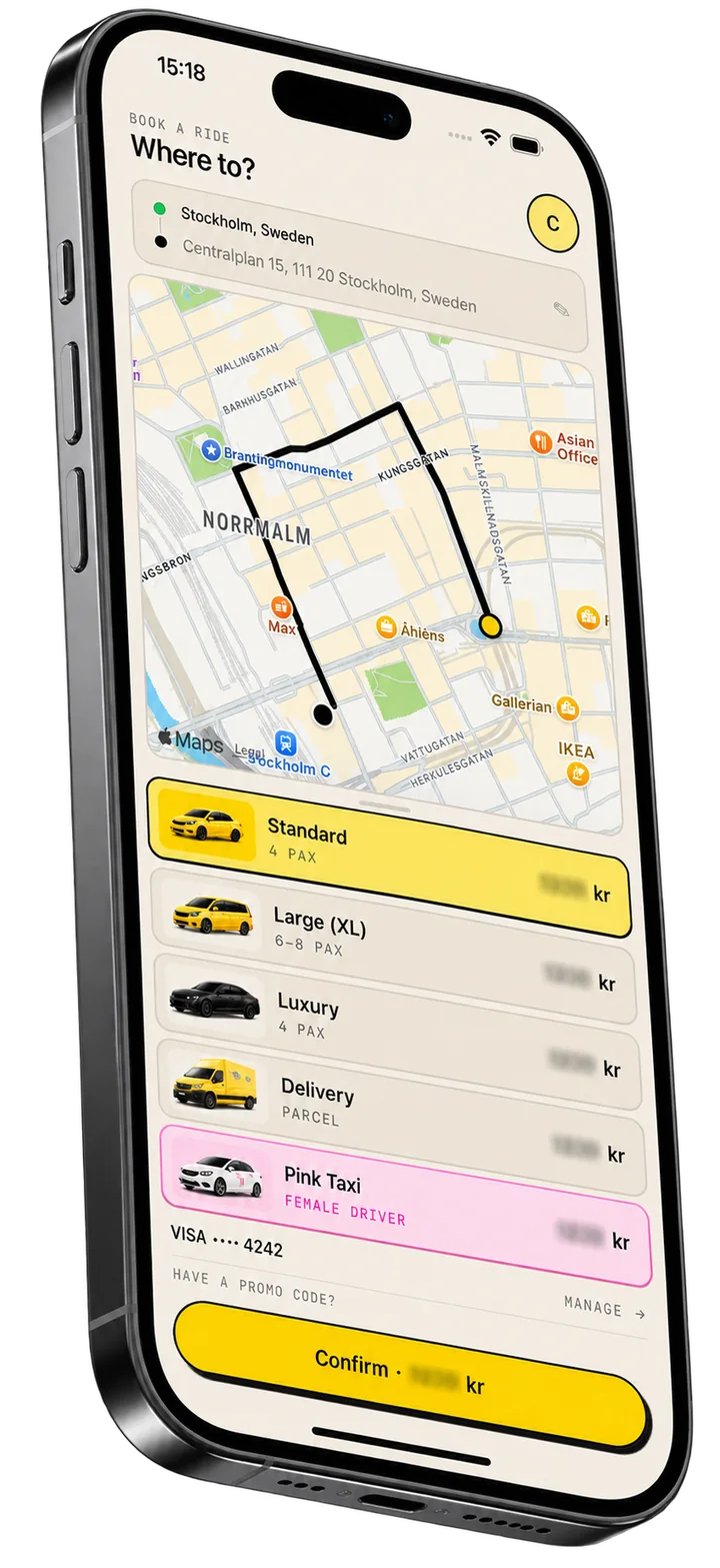 Bra Taxi-appen: bokningsvy med Rosa Taxi i bil-listan